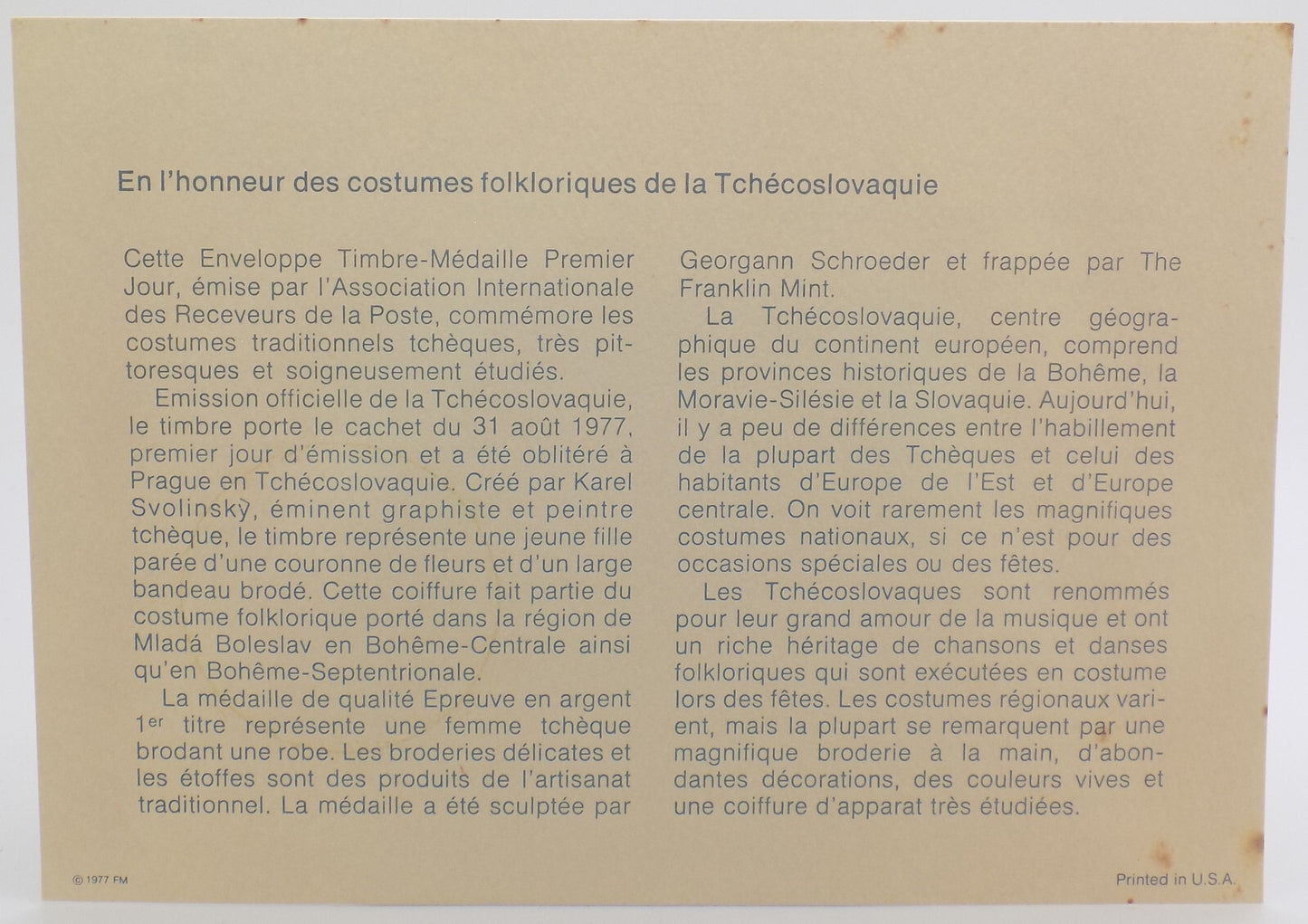 1977 Int'l Society of Postmasters Czechoslovakian Folk Costumes Silver Medal