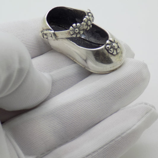 Vintage Italian Sterling Silver 925 Child Shoe with Flowers Miniature 1980s