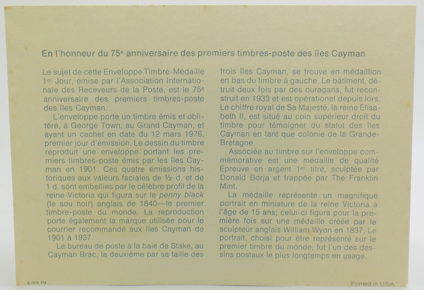 1976 Int'l Society of Postmasters Cayman Islands 1st Postage Stamps Silver Medal