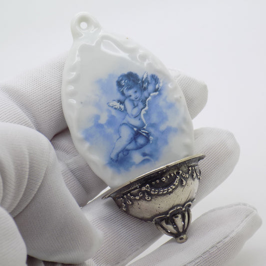 Vintage Italian Genuine Silver Limoges Porcelain Holy Water Font Miniature Stoup