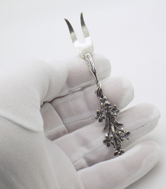 Vintage Italian Handmade Genuine Silver .800 Flower Decorated Cocktail Mini Fork