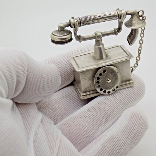 Vintage Italian Silver Old Phone Figurine Arezzo Tuscany 1980s 1990s