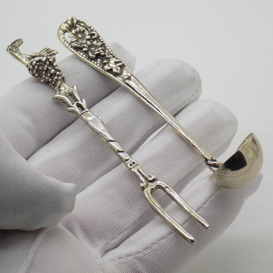 Vintage Italian Handmade Genuine Silver Cocktail Fork & Cherry/Olive Mini Ladle