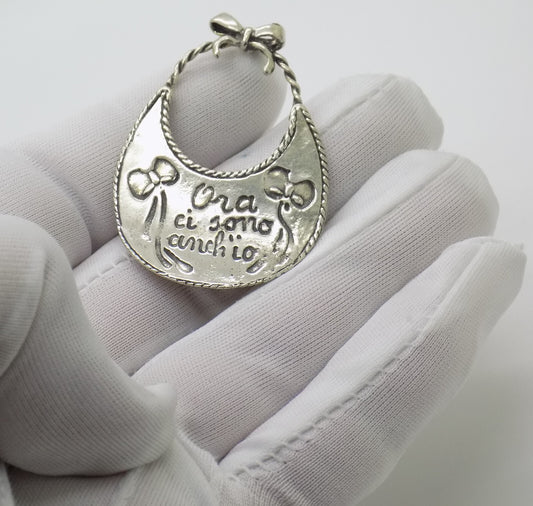 Vintage Italian Handmade Genuine Silver Baby Bib "Ora ci sono anch'io" Miniature