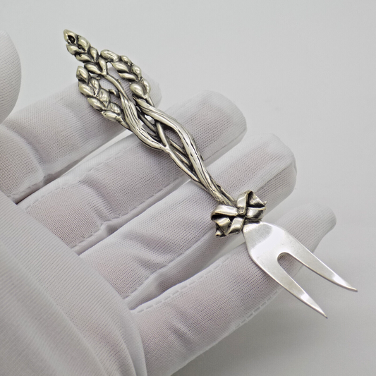 Vintage Italian Handmade Genuine Silver Cocktail Fork with Wheat Corn Decoration