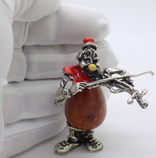 Vintage Italian Handmade Genuine Silver & Wood Clown w/t Violin Figurine