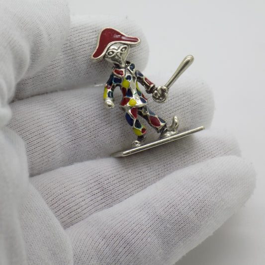 Vintage Italian Handmade Genuine Silver .800 Carnival Harlequin Enamel Figurine