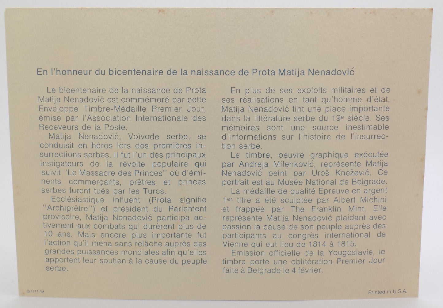 1977 Int'l Society of Postmasters Anniv. Prota Matija Nenadović Silver 925 Medal