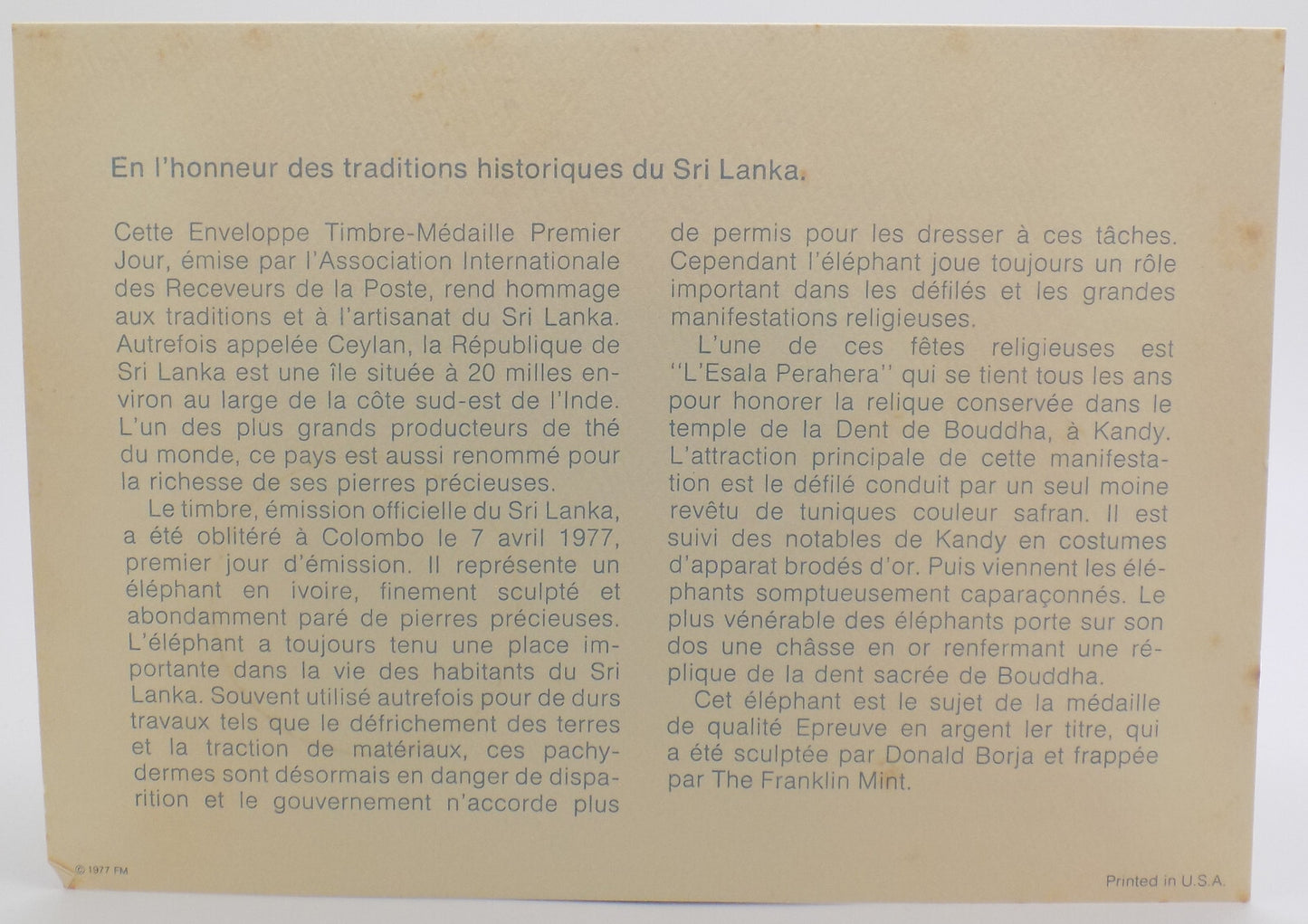 1976 Int'l Society of Postmasters Traditions of Ski Lanka Sterling Silver Medal