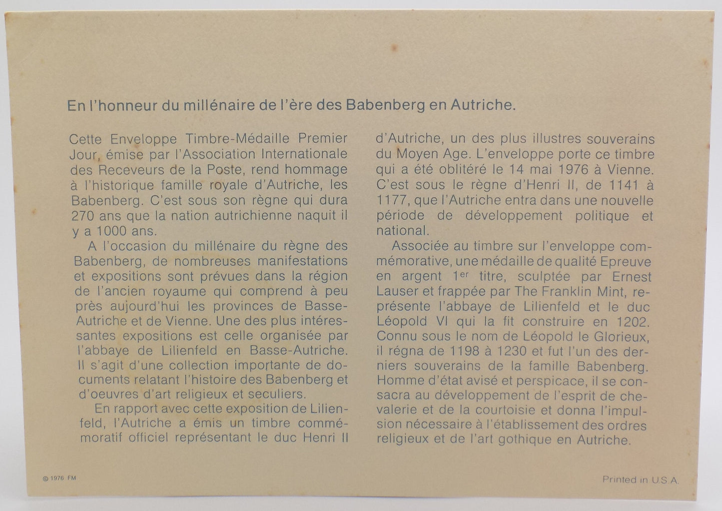 1976 Int'l Society of Postmasters Babengerg Era in Austria Silver Medal + FDC