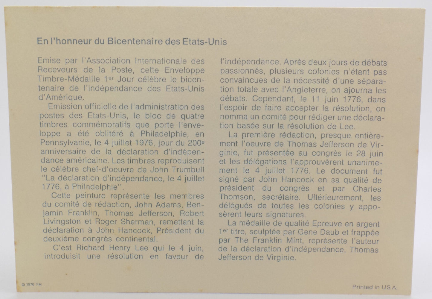 1976 Bicentennial First Day Cover Stamps & Sterling Medal with Thomas Jefferson