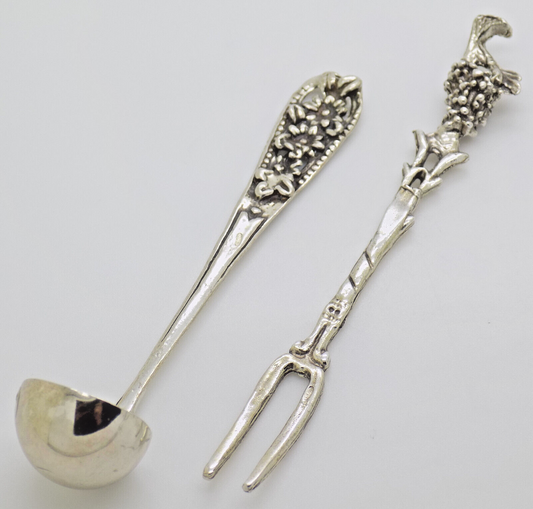 Vintage Italian Handmade Genuine Silver Cocktail Fork & Cherry/Olive Mini Ladle