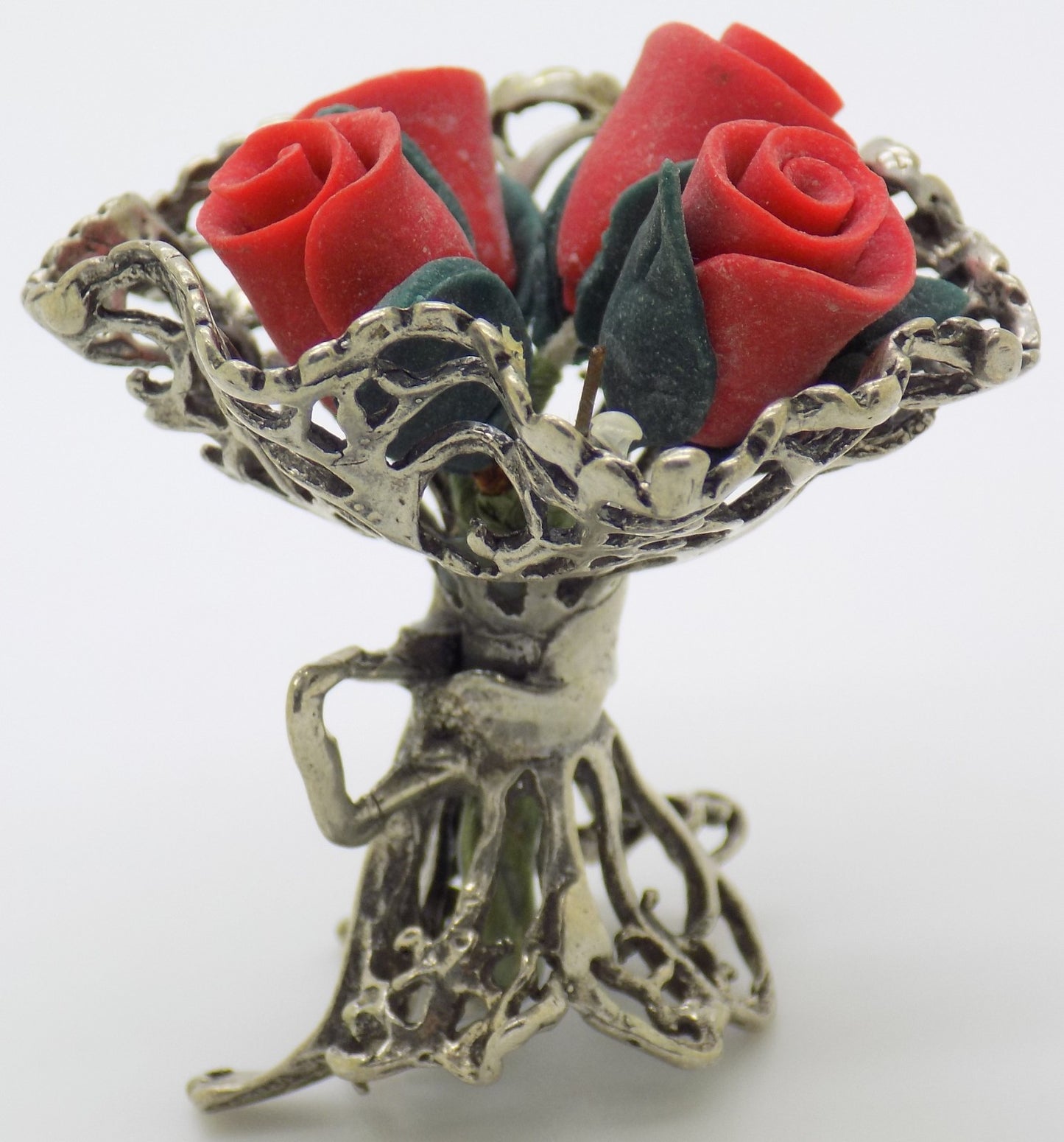 Vintage Handmade Italian Genuine Silver Rose Bouquet Dollhouse Miniature