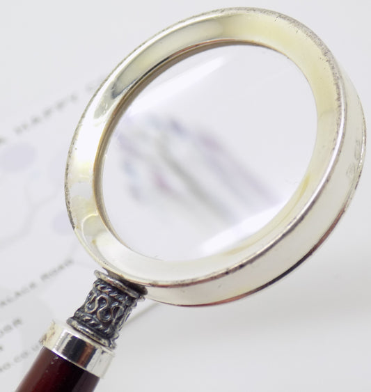 Vintage Italian Handmade Genuine Silver Purse Magnifier with Wooden Handle