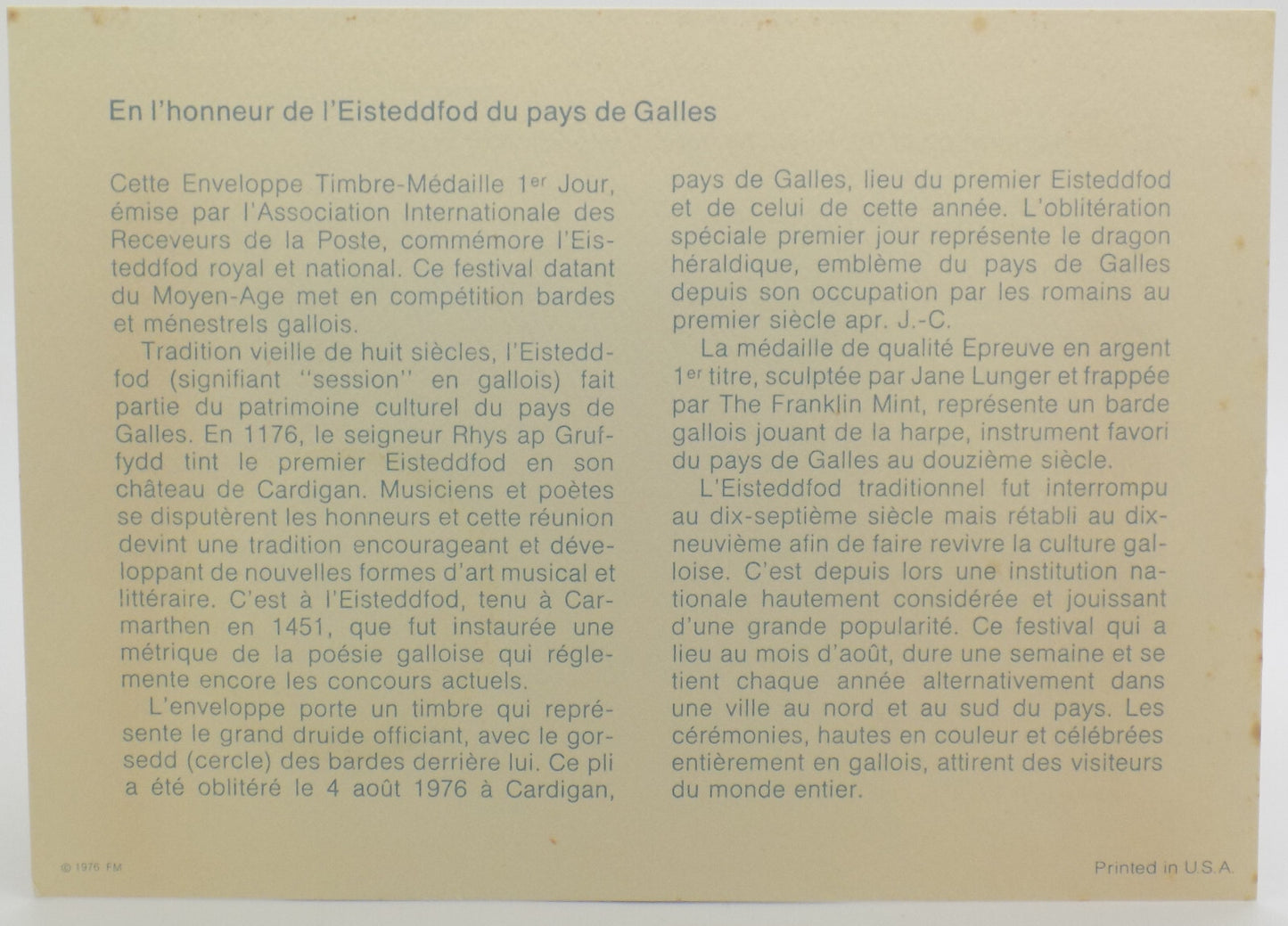 1976 Intl Society of Postmasters Royal national Eisteddfod of Wales Silver Medal