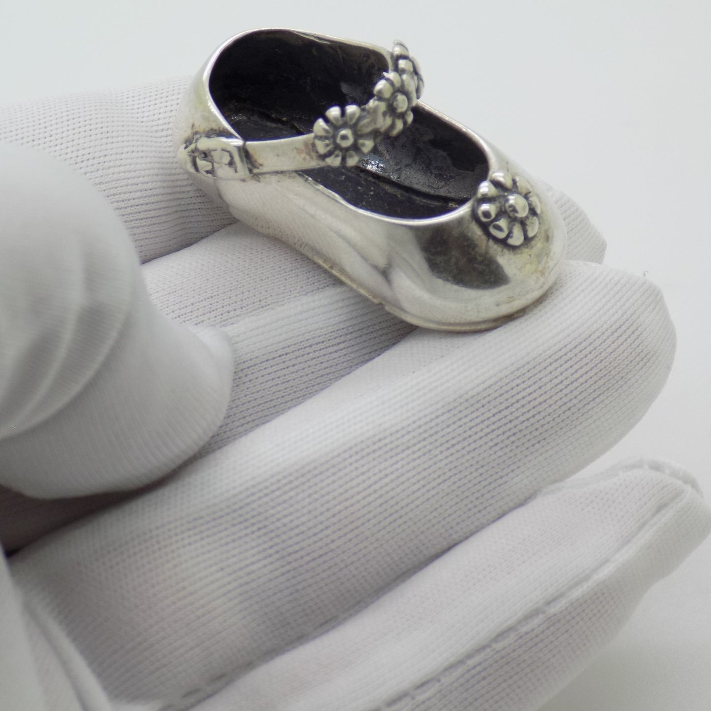Vintage Italian Sterling Silver 925 Child Shoe with Flowers Miniature 1980s