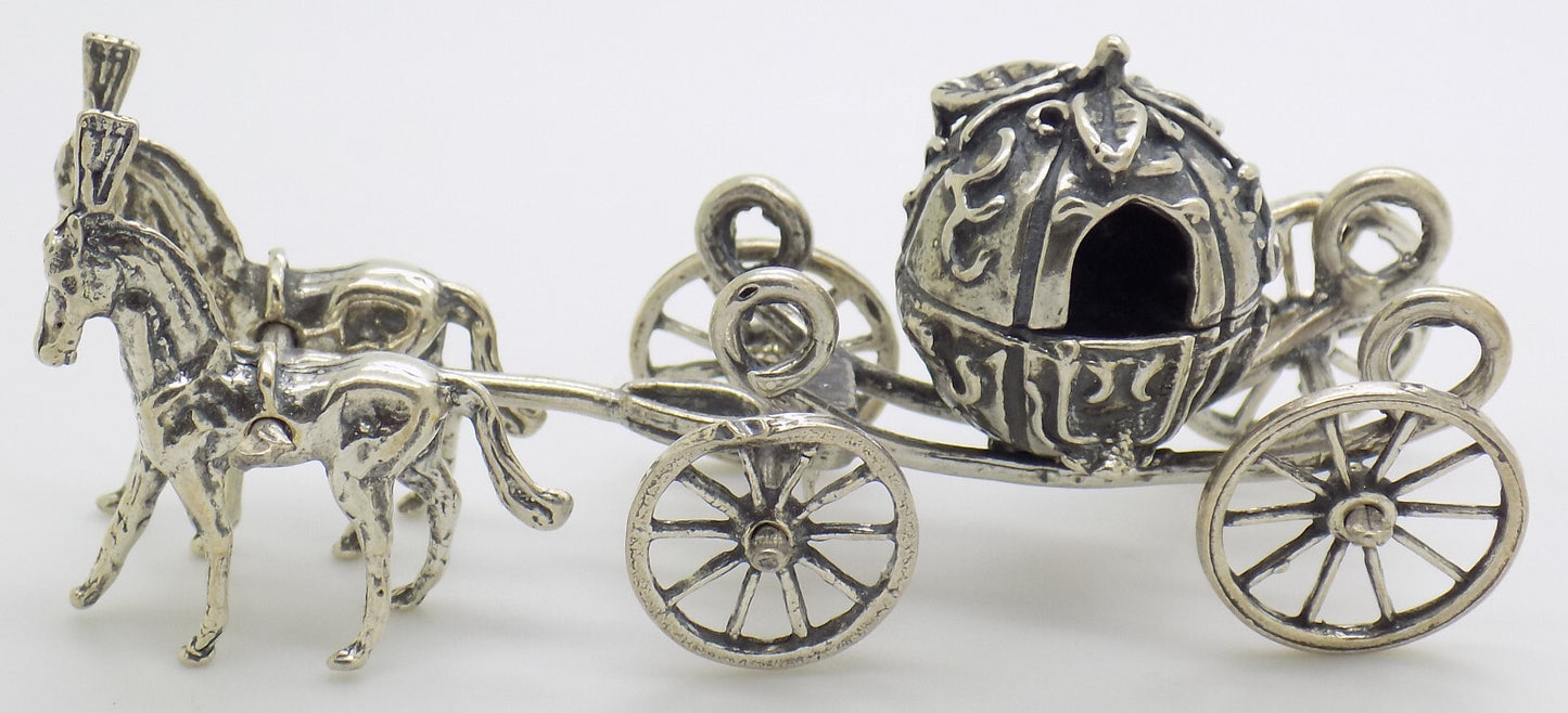 Vintage Italian Handmade Genuine Silver 800 Royal Carriage w/t 2 Horses Figurine