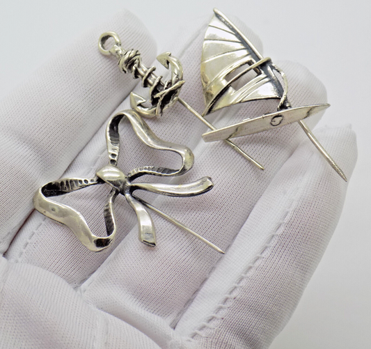 Vintage Italian Handmade Genuine Silver 3 x Brooches Anchor Ribbon and Windsurf