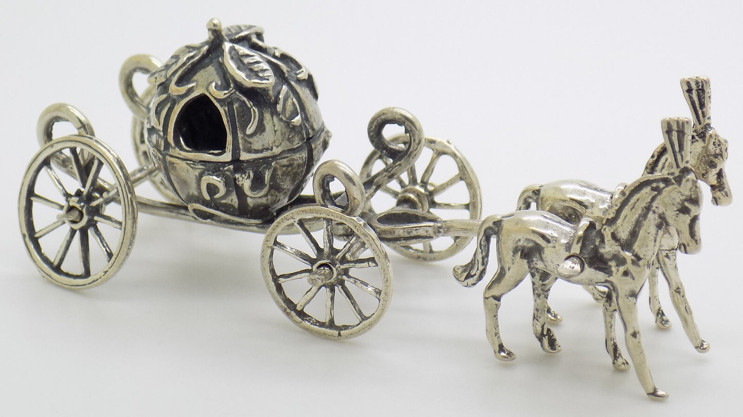 Vintage Italian Handmade Genuine Silver 800 Royal Carriage w/t 2 Horses Figurine