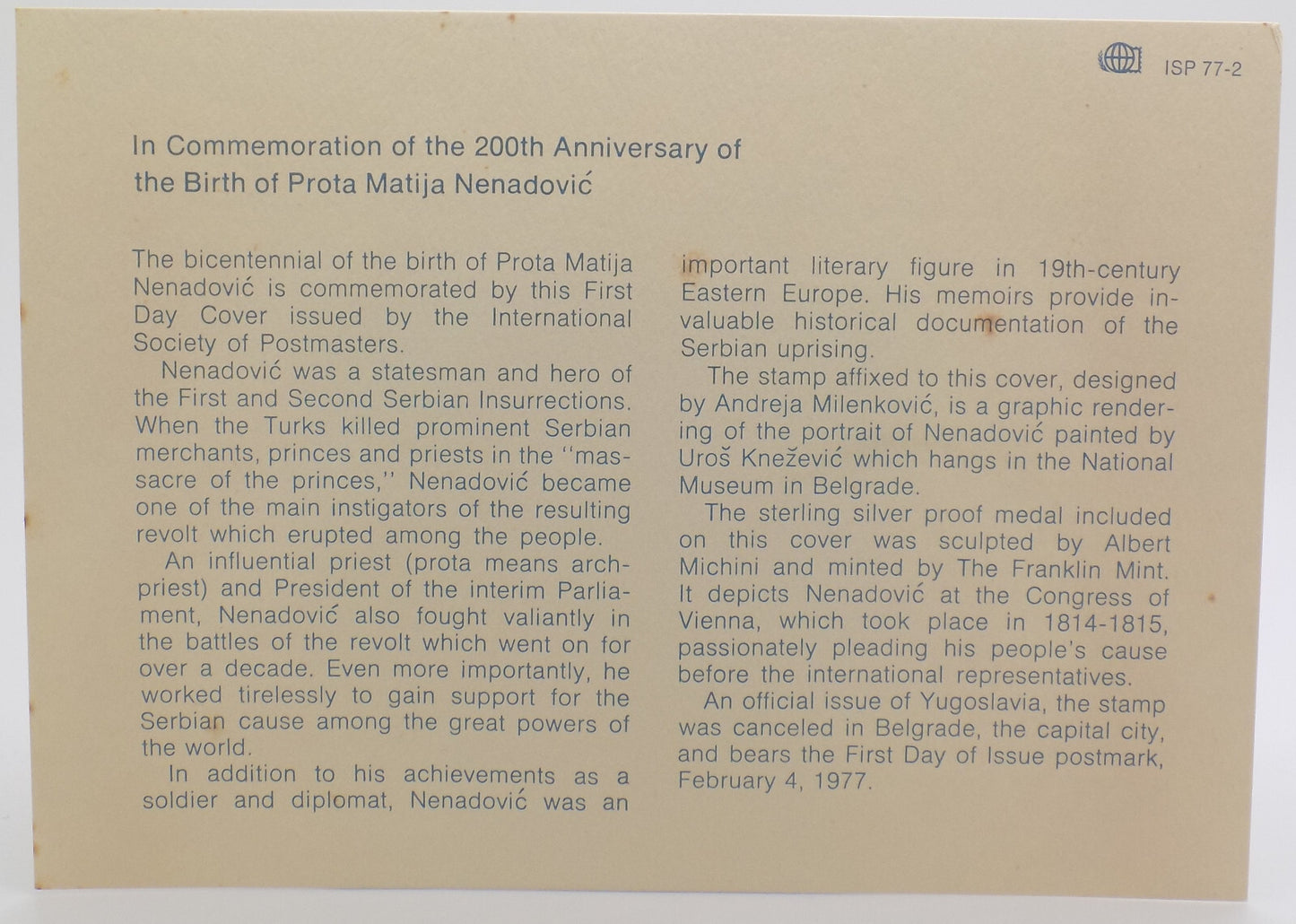 1977 Int'l Society of Postmasters Anniv. Prota Matija Nenadović Silver 925 Medal