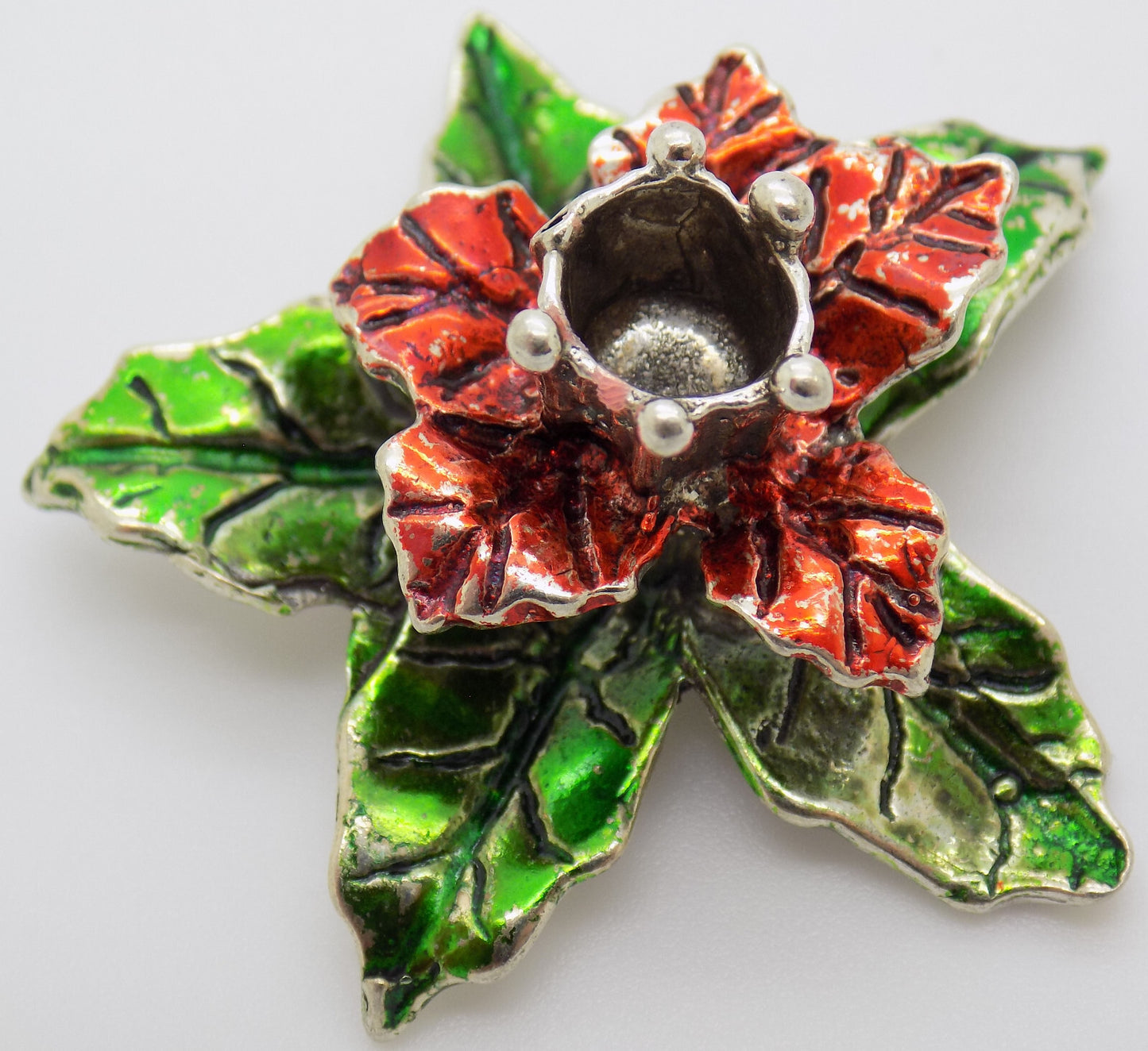 Vintage Italian Handmade Genuine Silver .800 Christmas Poinsettia Candle Holder