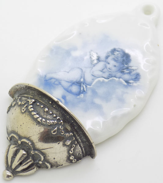 Vintage Italian Genuine Silver Limoges Porcelain Holy Water Font Miniature Stoup
