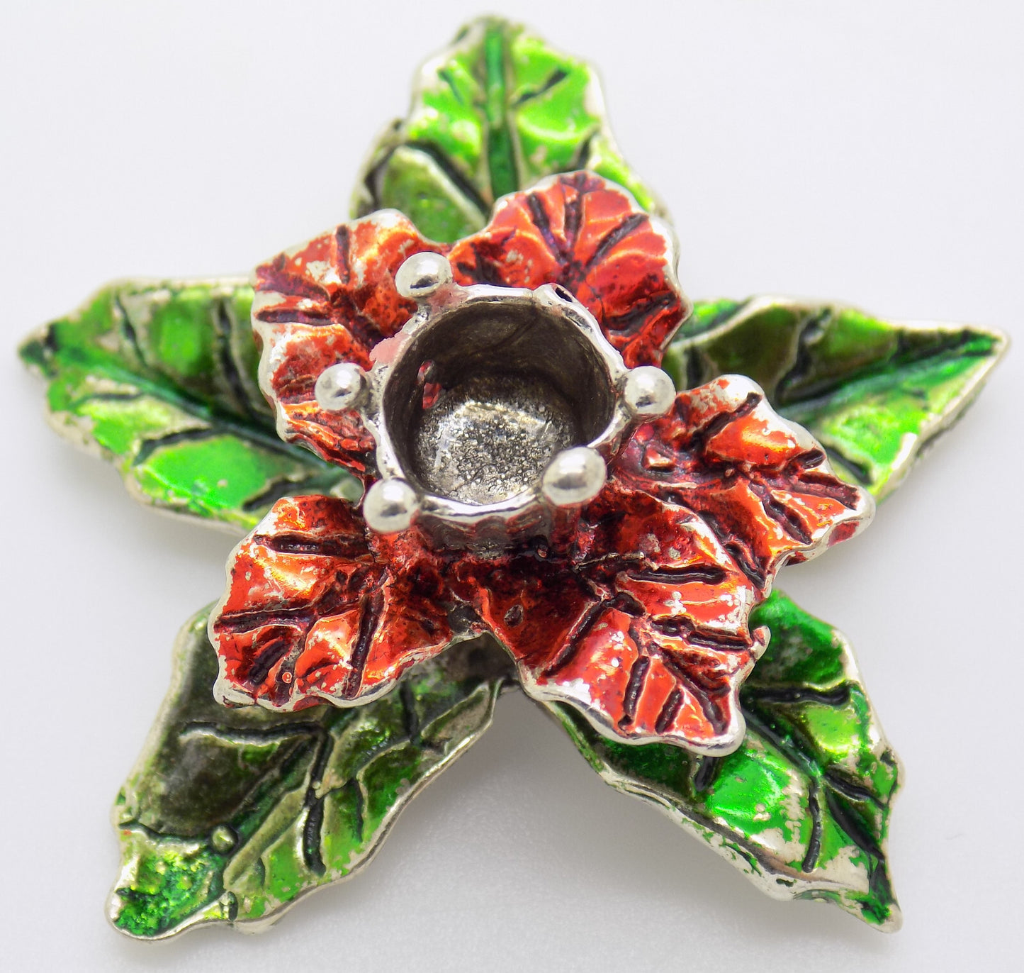 Vintage Italian Handmade Genuine Silver .800 Christmas Poinsettia Candle Holder