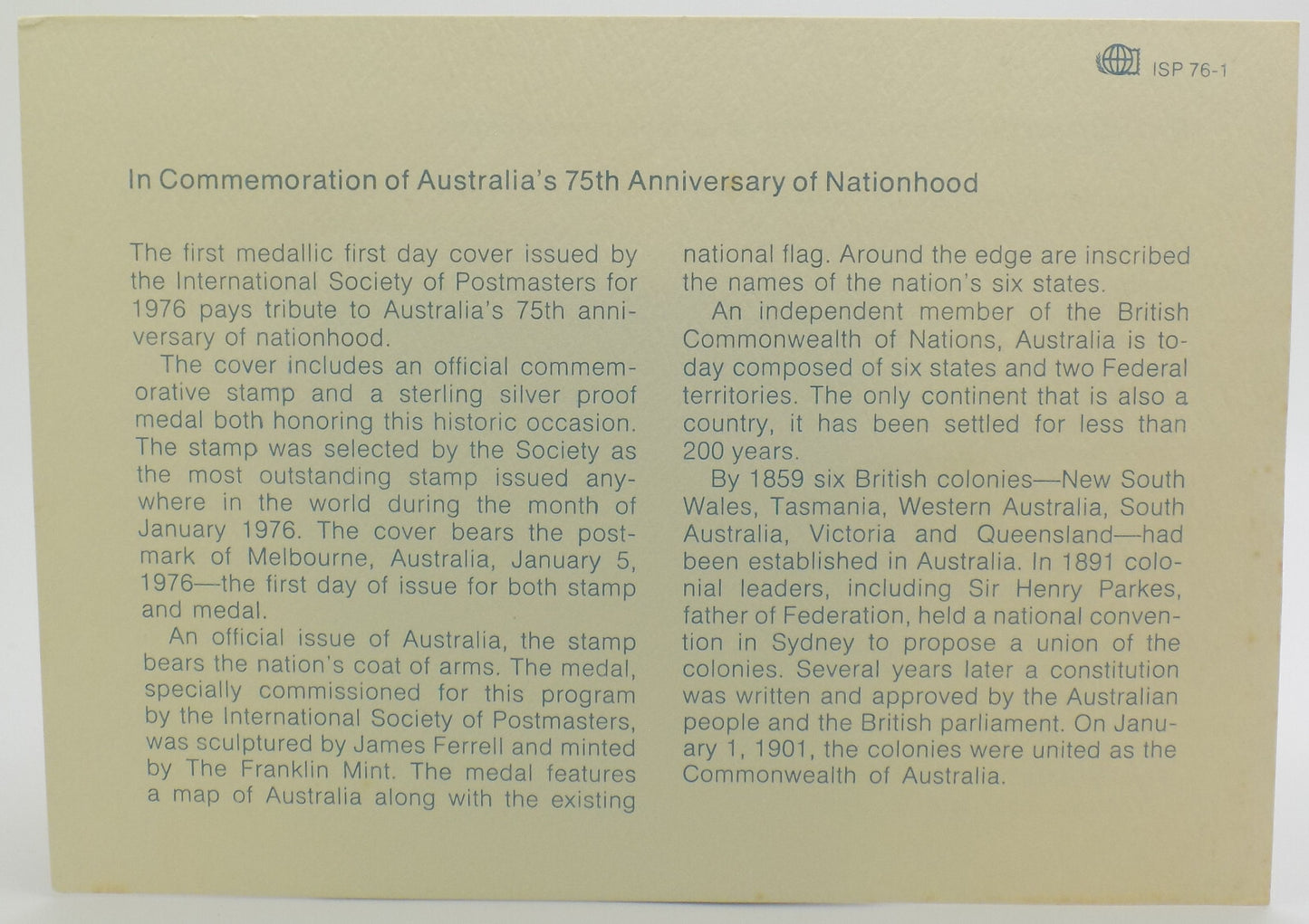 1976 Australia Nationhood INT'L Society of Postmasters Silver Proof Medal PNC