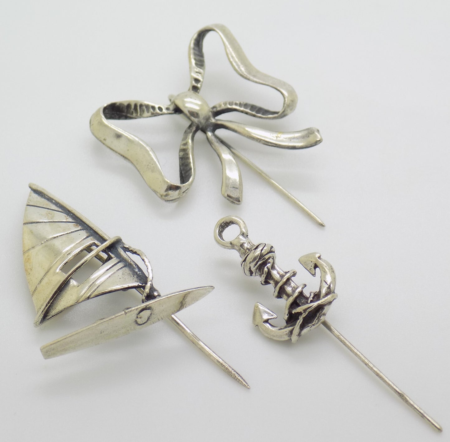 Vintage Italian Handmade Genuine Silver 3 x Brooches Anchor Ribbon and Windsurf