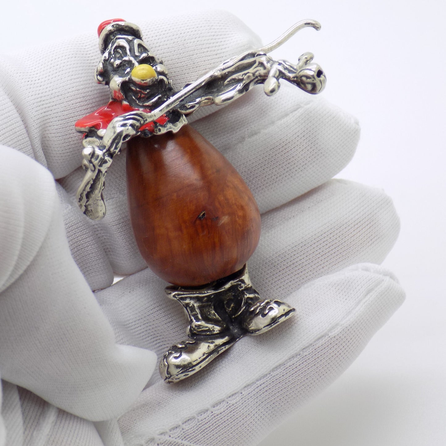 Vintage Italian Handmade Genuine Silver & Wood Clown w/t Violin Figurine