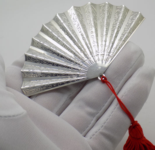 Vintage Italian Silver Large Fan Miniature Handmade 800 Silver with Red Tassel