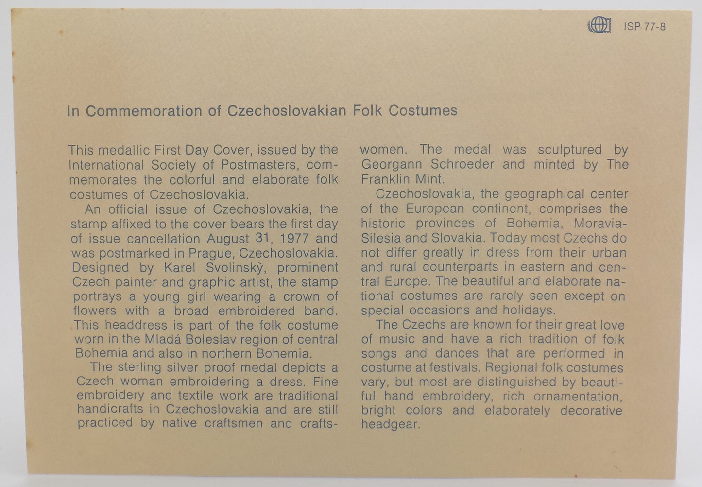 1977 Int'l Society of Postmasters Czechoslovakian Folk Costumes Silver Medal