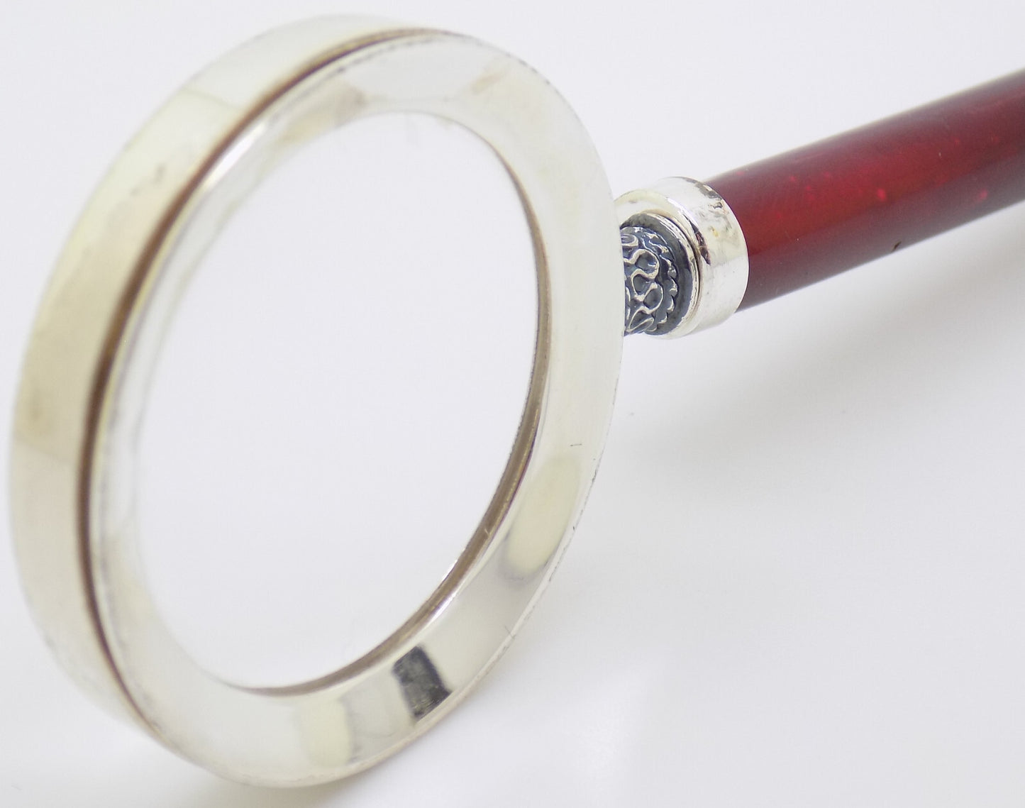 Vintage Italian Handmade Genuine Silver Purse Magnifier with Wooden Handle