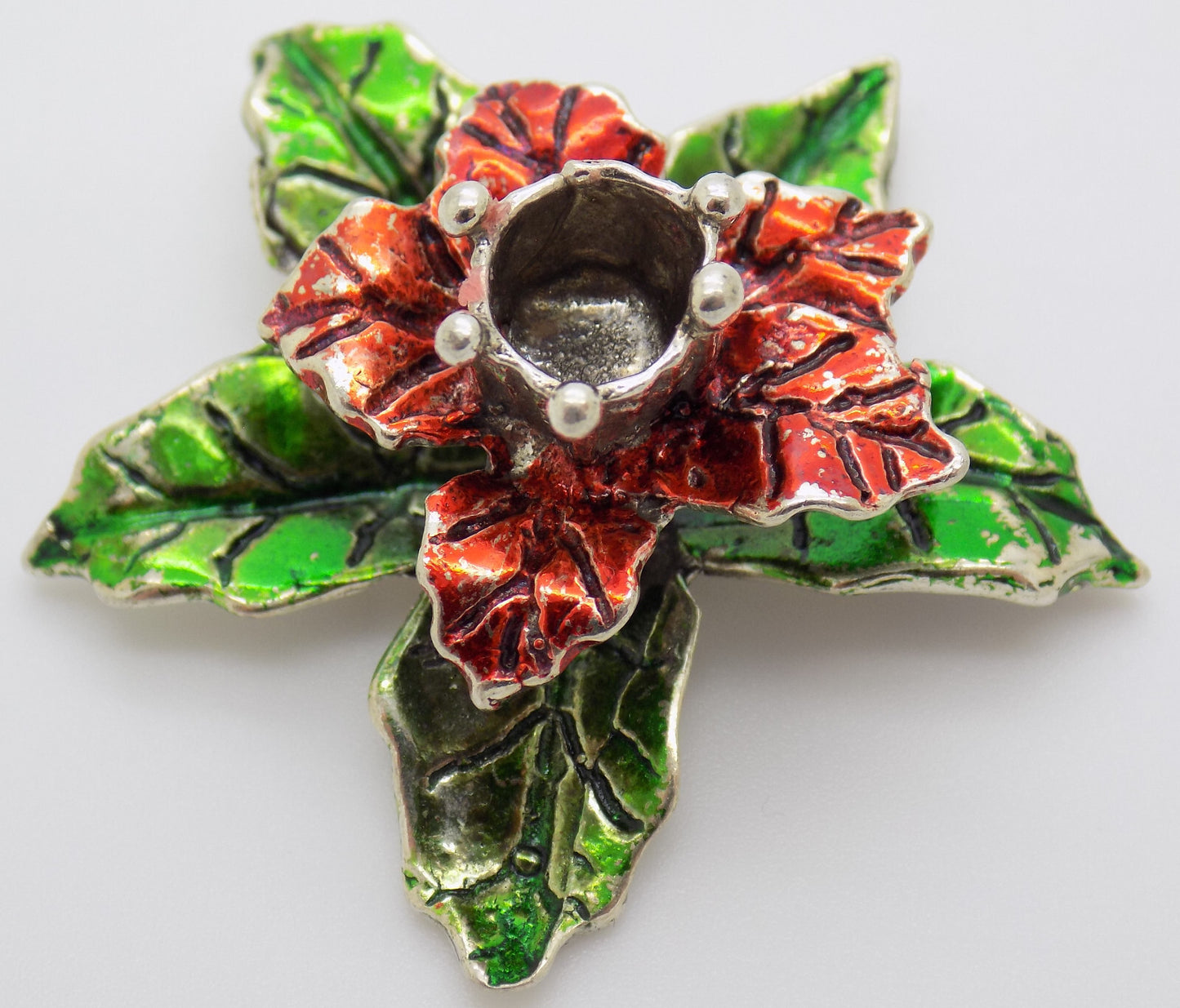 Vintage Italian Handmade Genuine Silver .800 Christmas Poinsettia Candle Holder