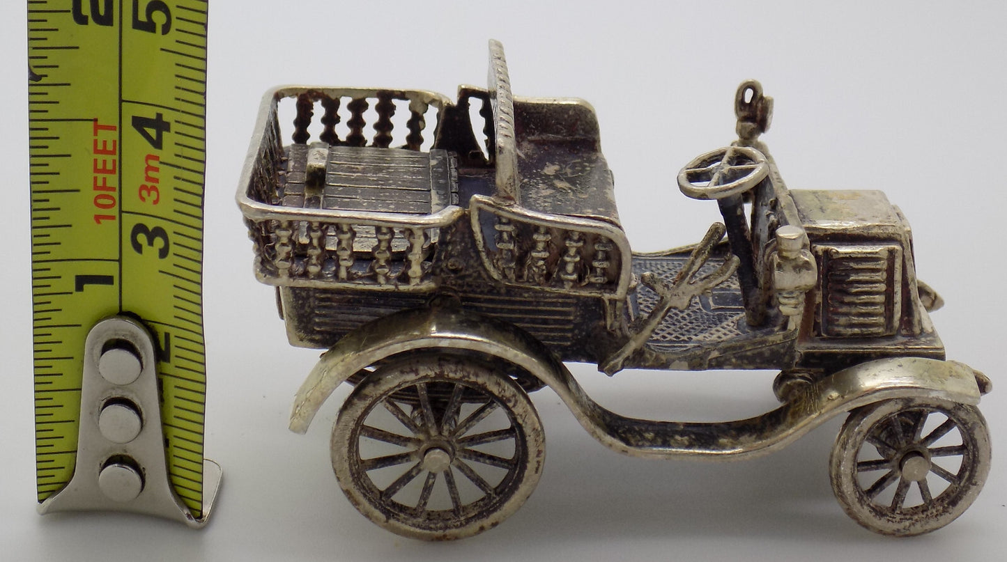 Vintage Italian Handmade Genuine Silver Tonneau Renault 1900 Car RARE Figurine