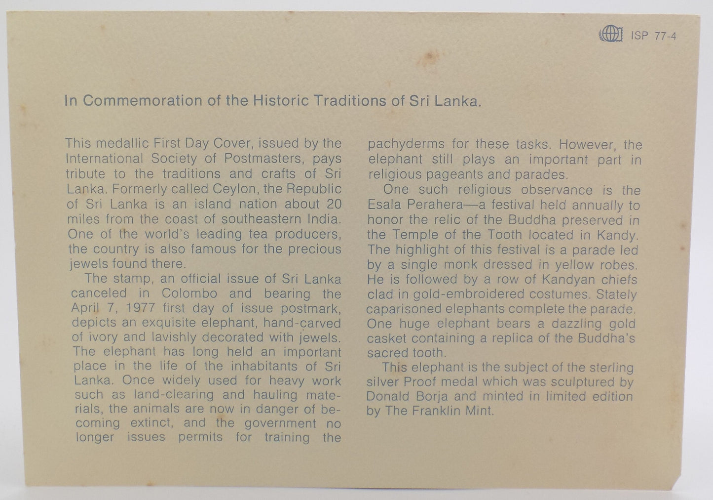 1976 Int'l Society of Postmasters Traditions of Ski Lanka Sterling Silver Medal