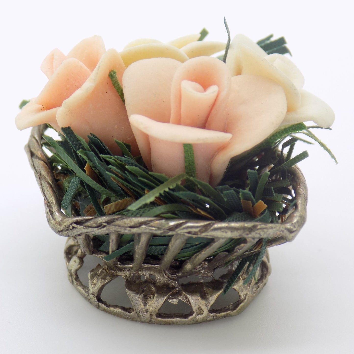 Vintage Italian 800 Silver Flower Basket Dollhouse Miniature 1970s Salt Dough