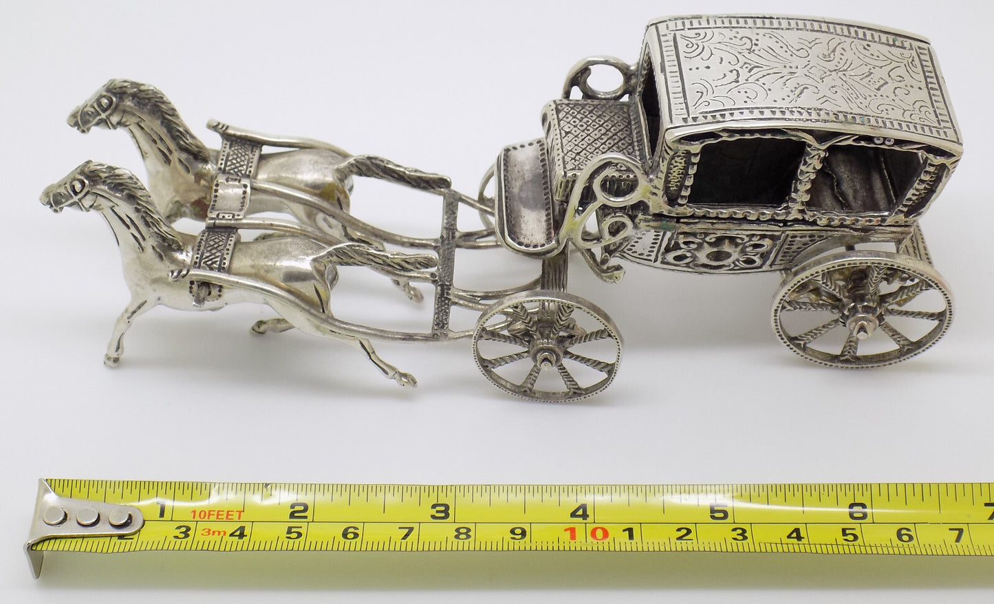 Vintage Italian Handmade Genuine Silver Large Royal Carriage w/t Horses Statue