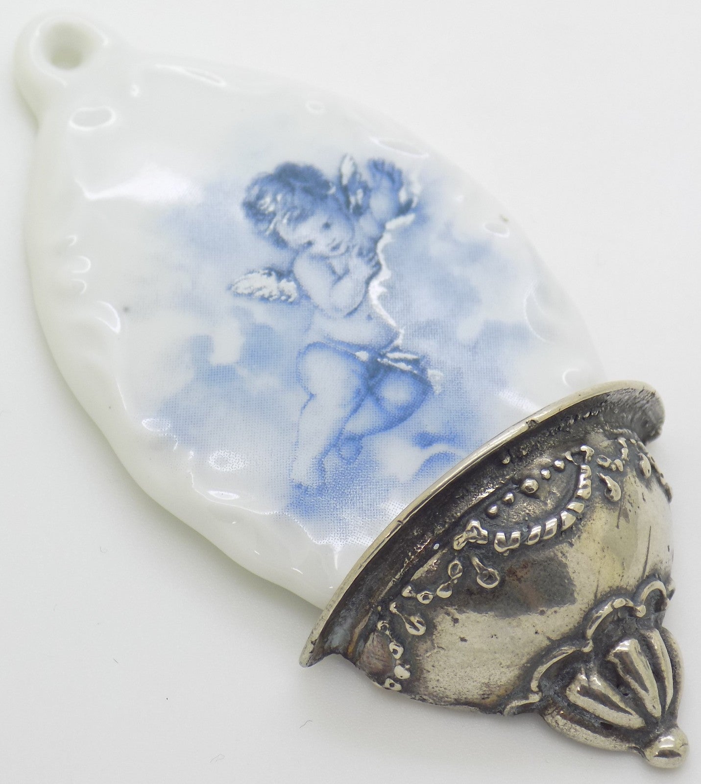 Vintage Italian Genuine Silver Limoges Porcelain Holy Water Font Miniature Stoup