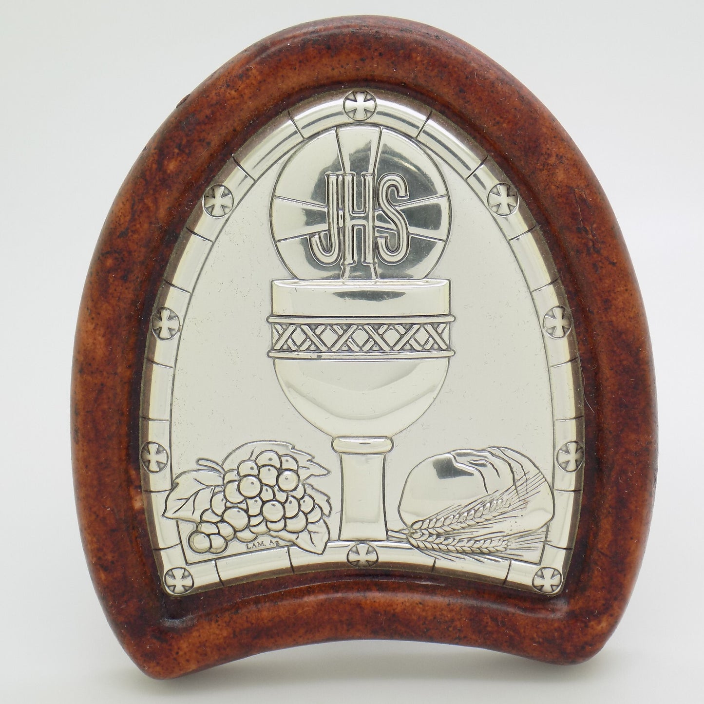 Vintage Italian Handmade Silver Lamina Sheet JHS Christian Icon Holy Eucharist