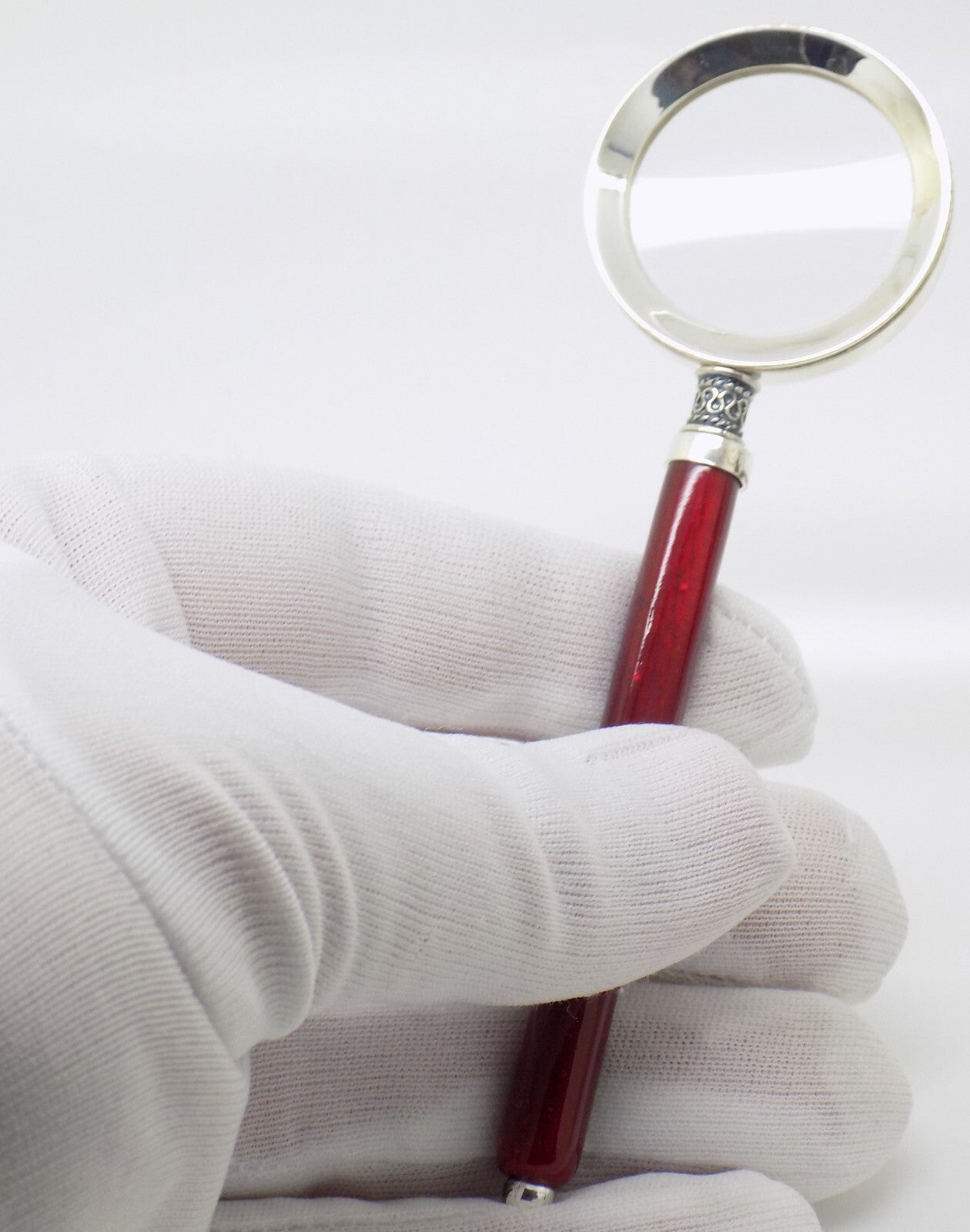 Vintage Italian Handmade Genuine Silver Purse Magnifier with Wooden Handle