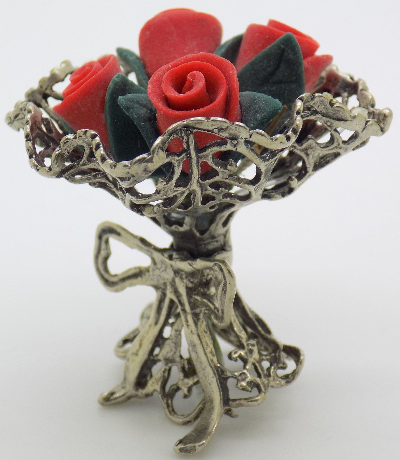 Vintage Handmade Italian Genuine Silver Rose Bouquet Dollhouse Miniature
