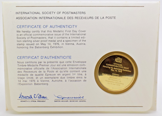 1976 Int'l Society of Postmasters Babengerg Era in Austria Silver Medal + FDC