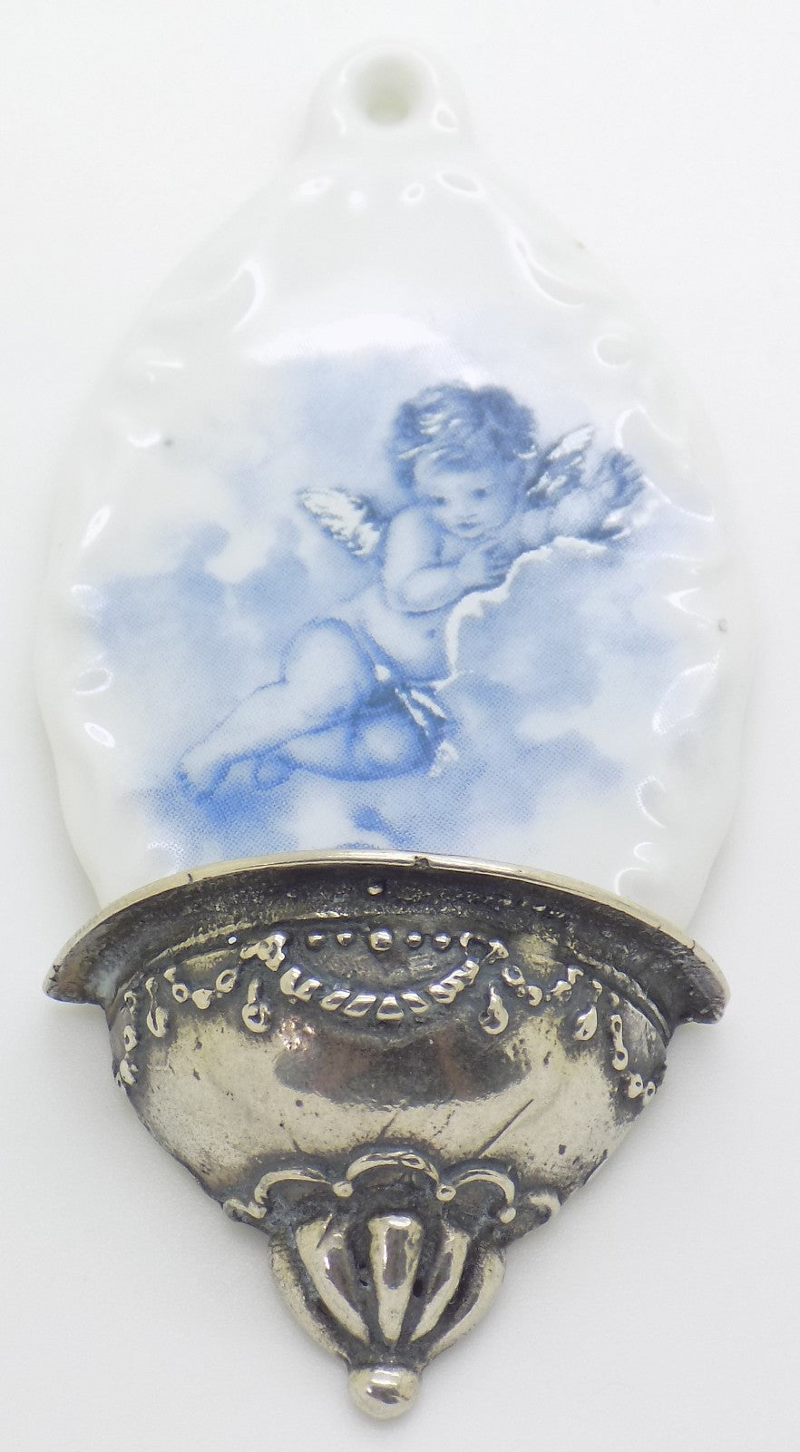 Vintage Italian Genuine Silver Limoges Porcelain Holy Water Font Miniature Stoup
