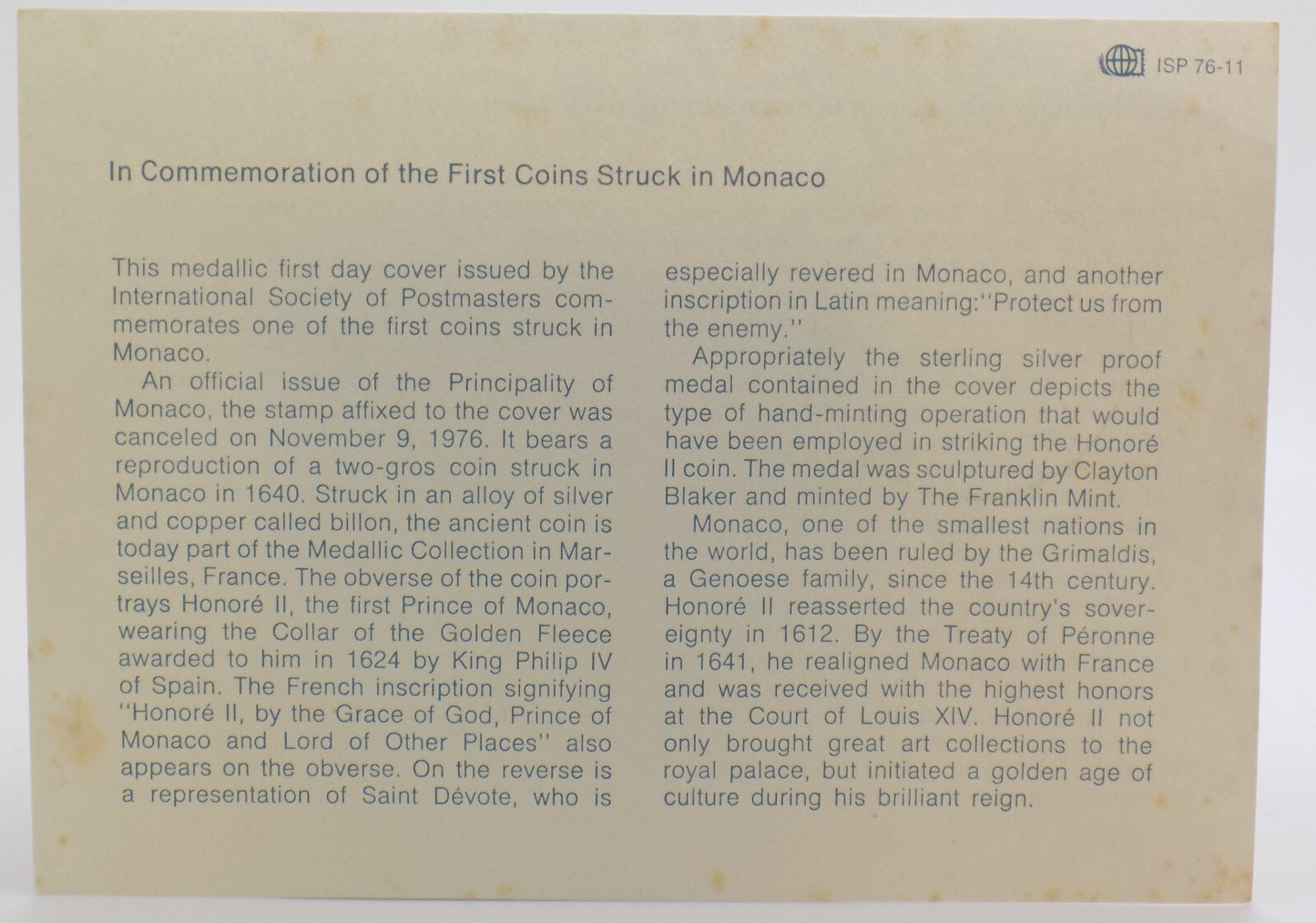 1976 Int'l Society of Postmasters The First coins Struck in Monaco Silver Medal