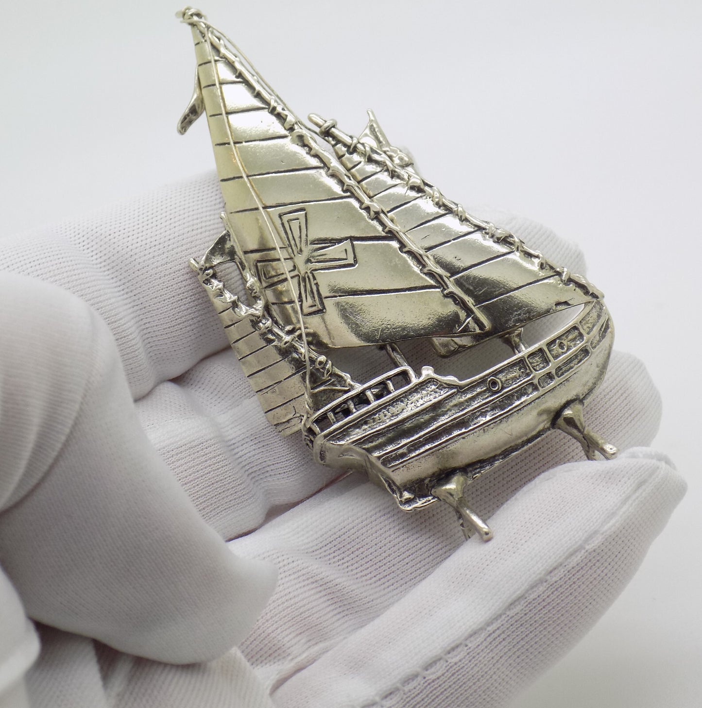 Vintage Italian Handmade Genuine Silver Detailed Crusade Ship Figurine Miniature