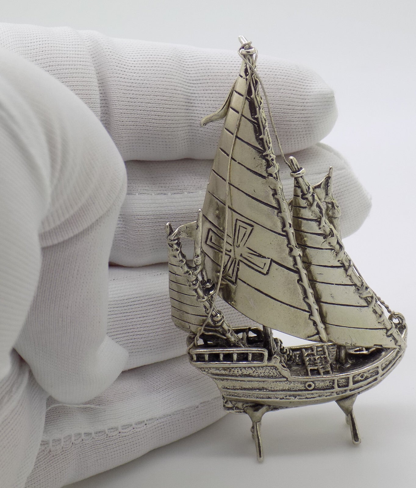 Vintage Italian Handmade Genuine Silver Detailed Crusade Ship Figurine Miniature