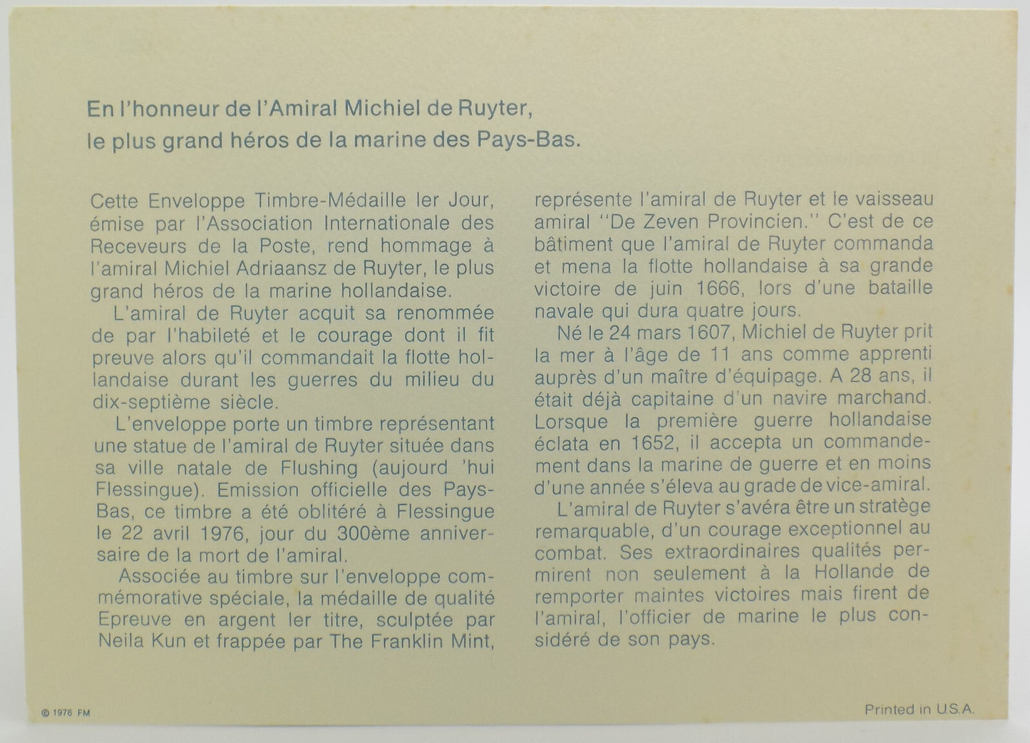 1976 Intl Society of Postmasters Netherlands Hero Michiel de Ruyter Silver Medal