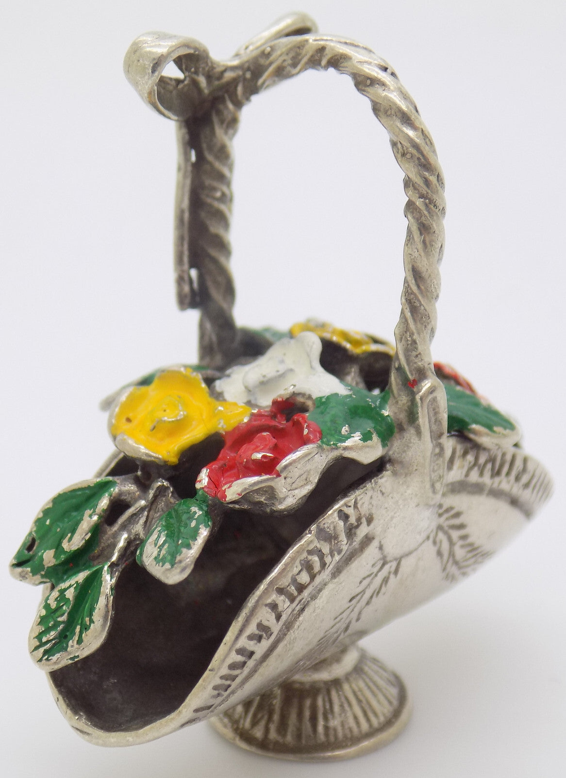 Vintage Italian Handmade Genuine Silver Flower Basket RARE Dolhouse Miniature