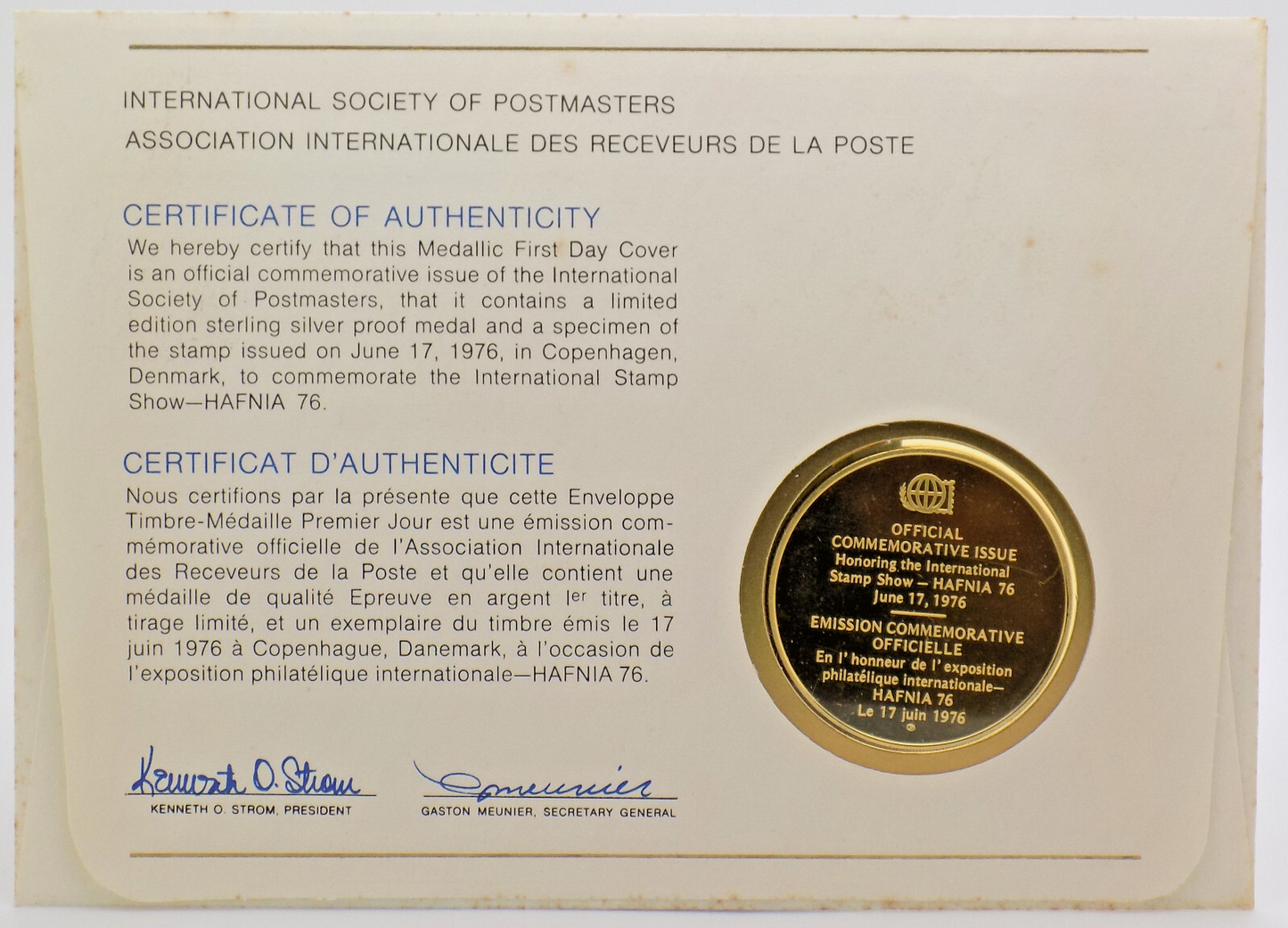 1976 Int'l Society of Postmasters Denmark's Stamp Exhibition-HAFNIA Silver Medal